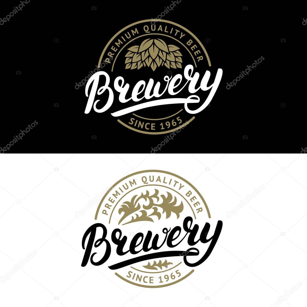 Set of Brewery hand written lettering logo, label, badge template with hop and wooden barrel for beer house, bar, pub, brewing company, tavern. Vintage style. Vector illustration.