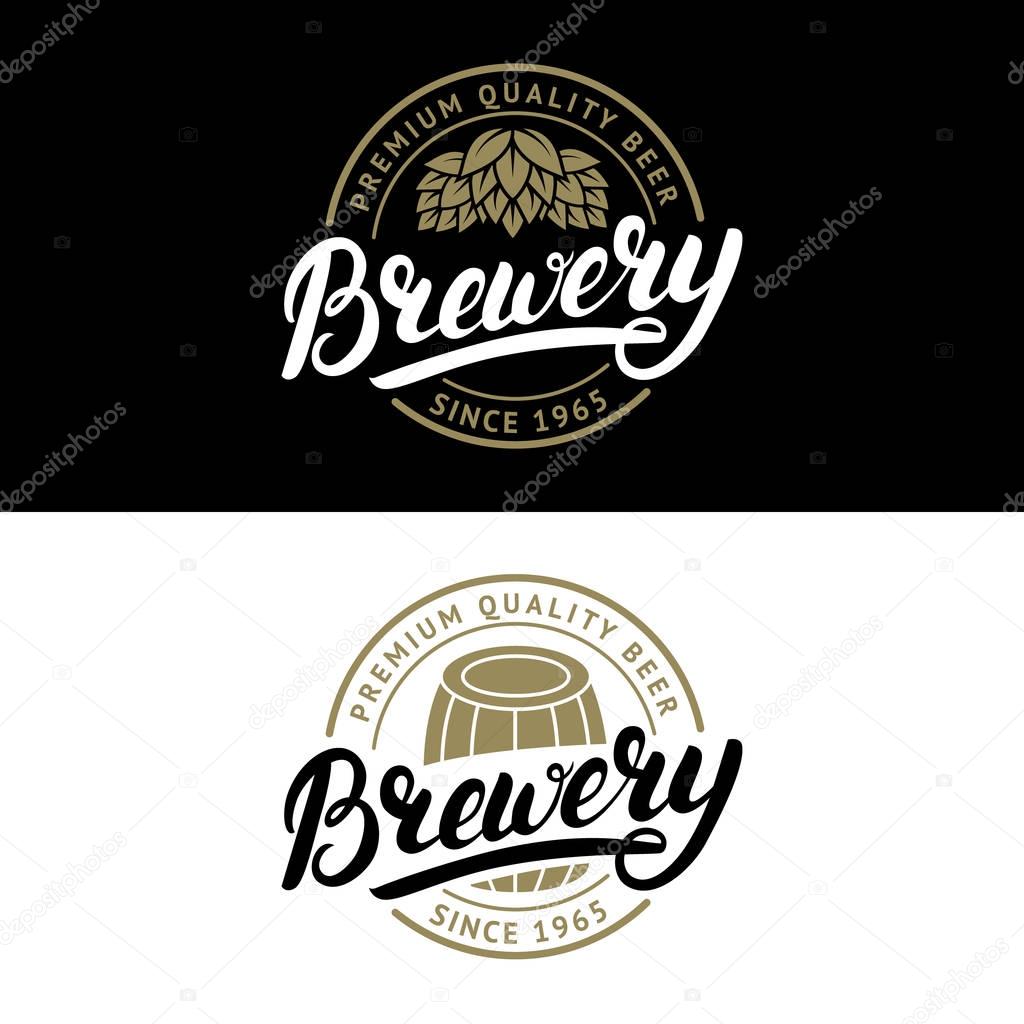 Set of Brewery hand written lettering logo, label, badge template with hop and wooden barrel for beer house, bar, pub, brewing company, tavern. Vintage style. Vector illustration.