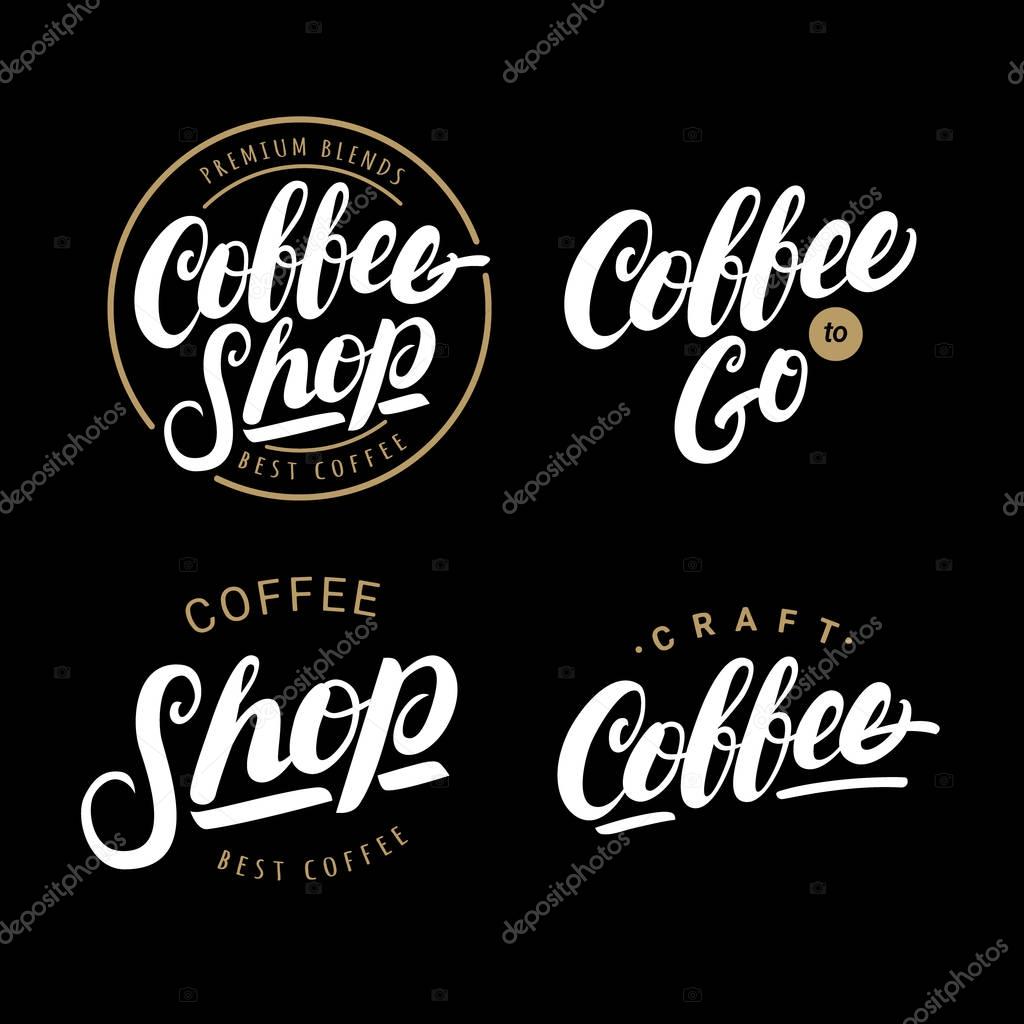 Set of coffee hand written lettering logos, labels, badges. Isolated on black background. Design elements. Vintage style. Vector illustration.