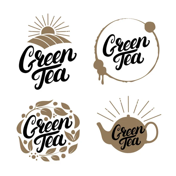 Set of Green Tea hand written lettering logos, labels, badge, emblem. — Stock Vector