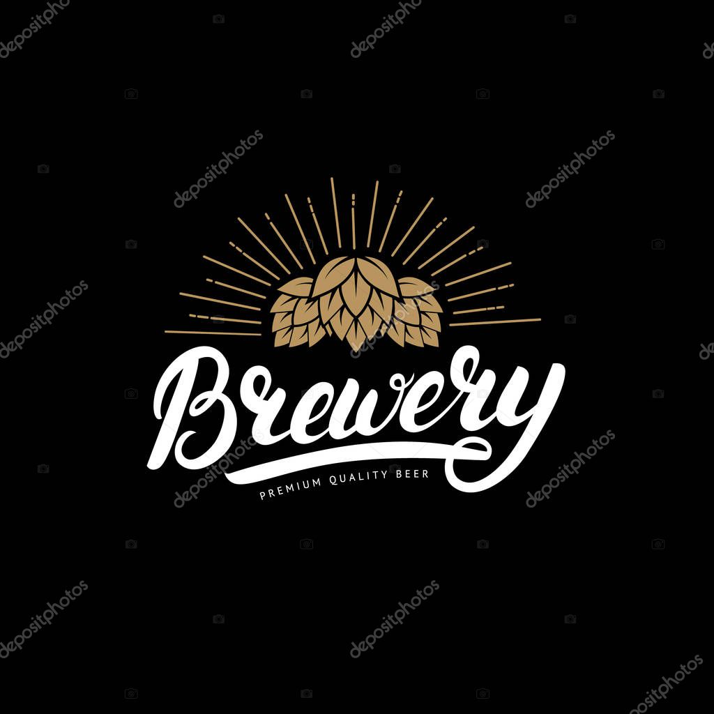 Brewery hand written lettering logo, label, badge template with hop for beer house, bar, pub, brewing company, tavern, wine whiskey market. Black background. Vintage style. Vector illustration.