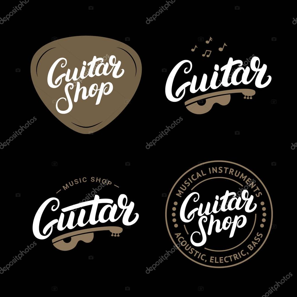 Set of guitar shop hand written lettering logos, emblems, badges. Vintage style. Isolated on black background. Vector illustration.