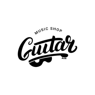 Gitar müzik dükkanı el yazılı yazı logo, amblem, etiket, rozet.