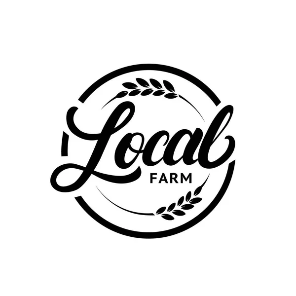 Fazenda local mão escrita lettering logotipo, rótulo, crachá com espiga de trigo . — Vetor de Stock