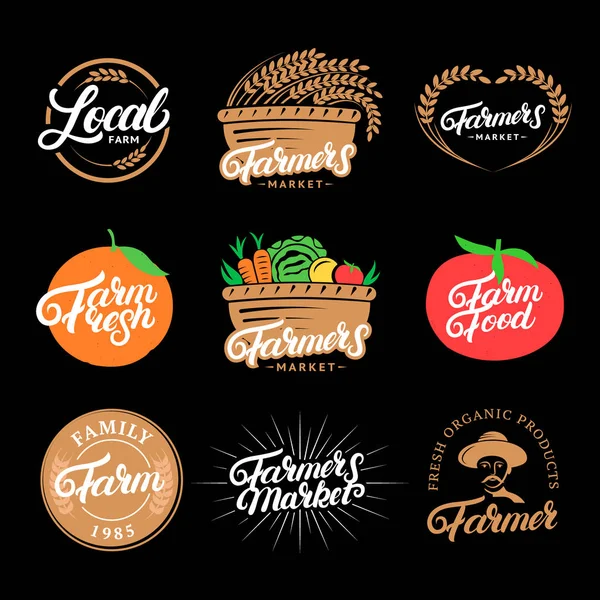Ensemble de logos écrits à la main, étiquettes, badges, emblèmes pour le marché fermier, nourriture, ferme locale . — Image vectorielle