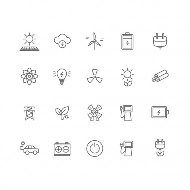 20 enerji sanayi ince çizgi simgeler kümesi.