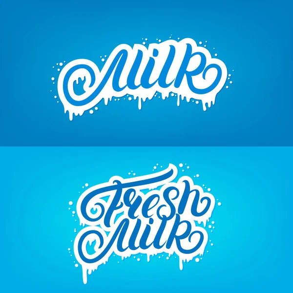 Set of Fresh Milk and Milk hand written lettering quotes for logo template, label, badge, emblem with drops and drips. — Stock Vector