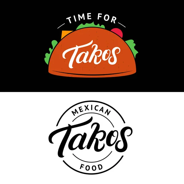 Conjunto de Tacos logotipo de letras escritas a mano, etiqueta, insignia, emblema . — Vector de stock