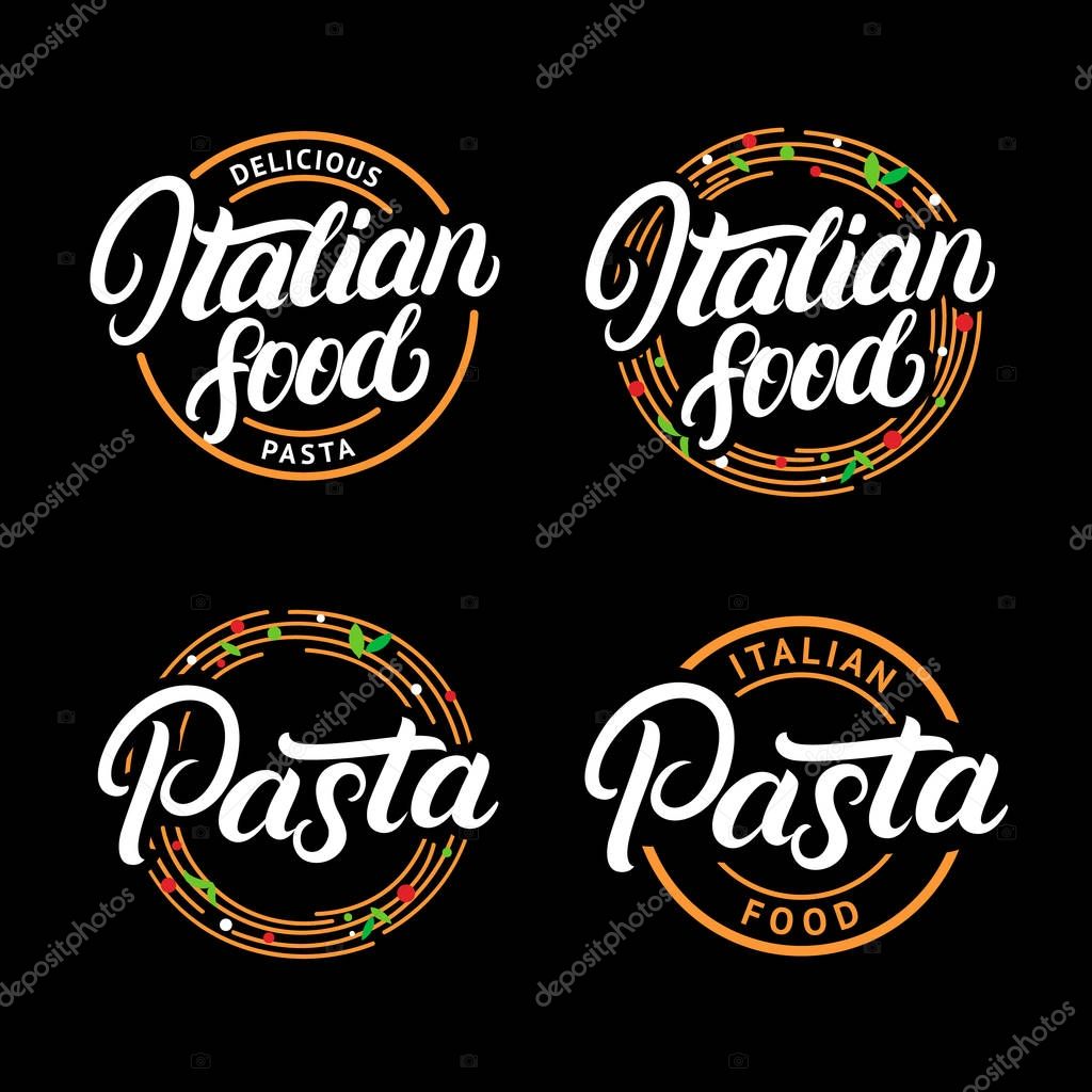 Set of Italian food and Pasta hand written lettering logo, label, badge, emblem. Modern calligraphy. Spaghetti pasta circle. Vintage retro style. Isolated on black background. Vector illustration.