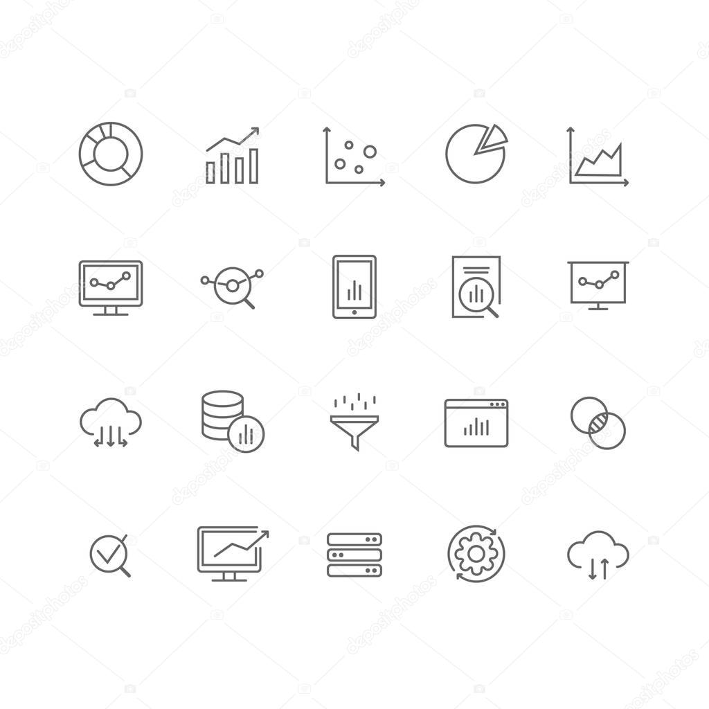 Set of 20 data analysis thin line icons.