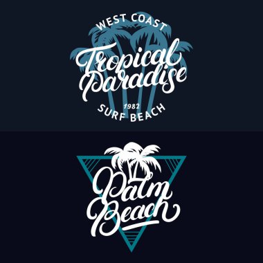 Tropik cenneti ve avuç içi ile yazı Palm beach el yazılı ayarla.