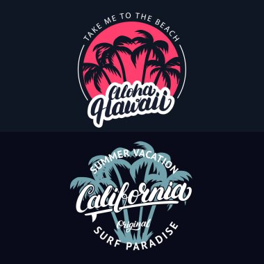 California ve Aloha Hawaii el avuç içi ile harflerle yazılı kümesi.