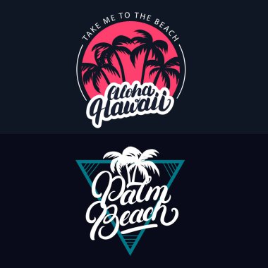 Aloha Hawaii ve Palm beach el avuç içi ile harflerle yazılı kümesi.