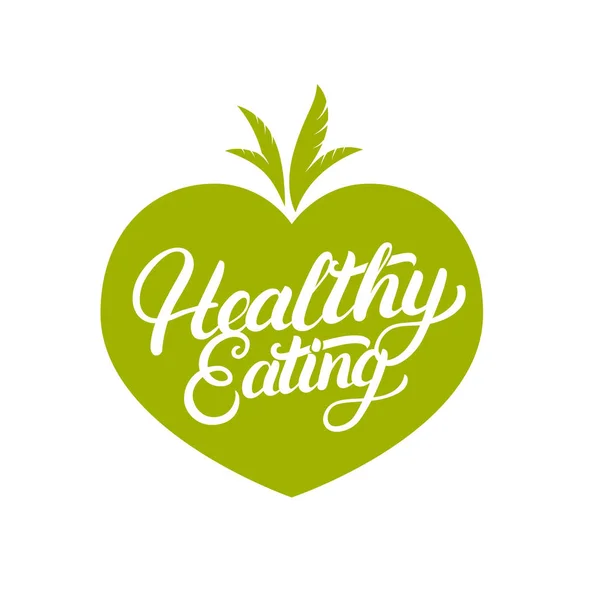 Healthy Eating hand written lettering logo, label, badge, emblem on vegetables background. — Stock Vector
