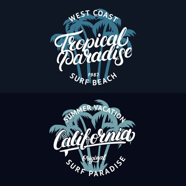 Set of California and Tropical Paradise hand written lettering with palms. — Stock Vector