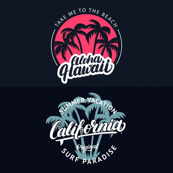 Set of California and Aloha Hawaii hand written lettering with palms. — Stock Vector