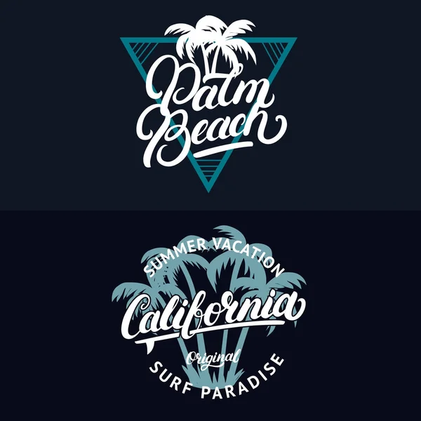 Set of California and Palm beach hand written lettering with palms. — Stock Vector