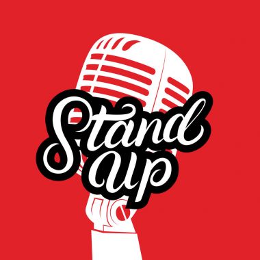 Vintage mikrofon ve Stand Up el yazı yazılı göster.