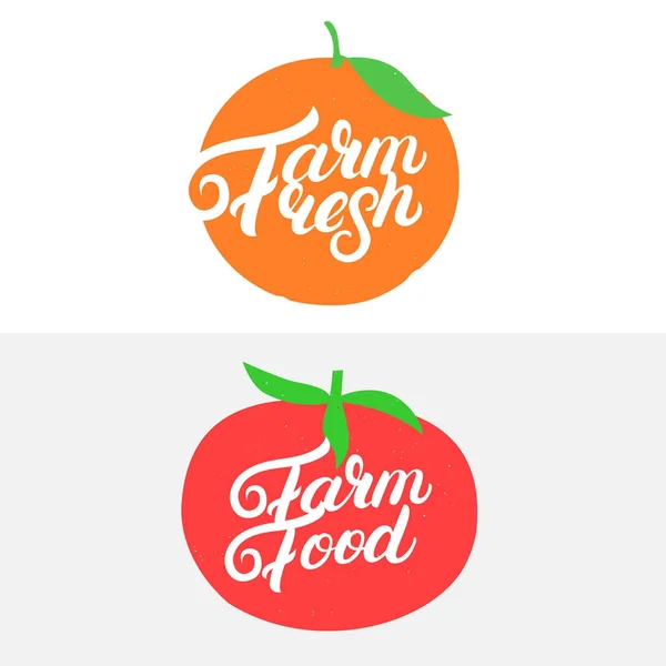 Farm Fresh a zemědělské potraviny ručně psané nápisy loga, odznaky, štítky, emblémy. — Stockový vektor