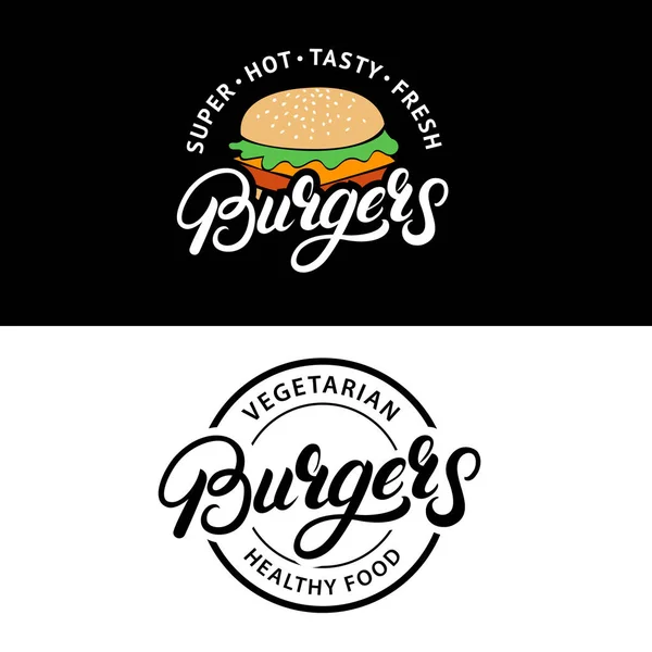 Instellen van hamburgers handgeschreven belettering logo's, labels, badges, emblemen. — Stockvector