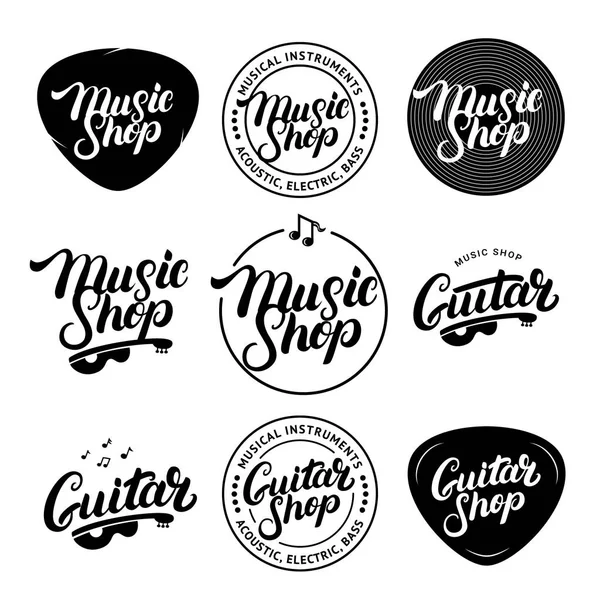 Yazı etiketleri, rozetleri logolar, amblemler müzik dükkanı ve gitar Dükkanı el yazılı kümesi.