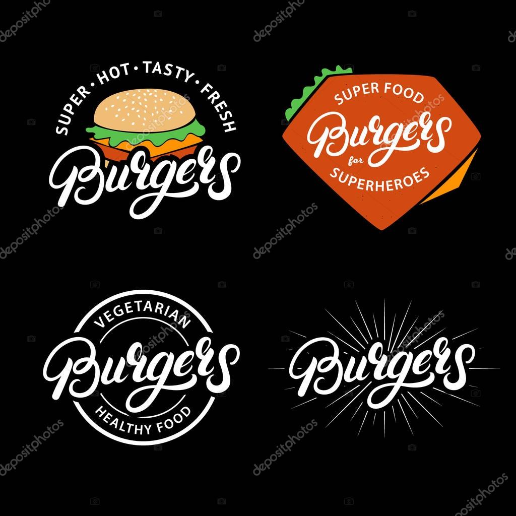 Set Burgers hand written lettering logos, badges, labels, emblems. Vintage retro style. Vector illustration.