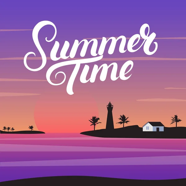 Summer Time hand written lettering. Beautiful landscape background. — Stock Vector