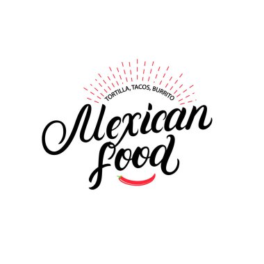 Meksika yemeği el yazılı yazı logo, etiket, rozet, amblemi kırmızı biber biber ile.