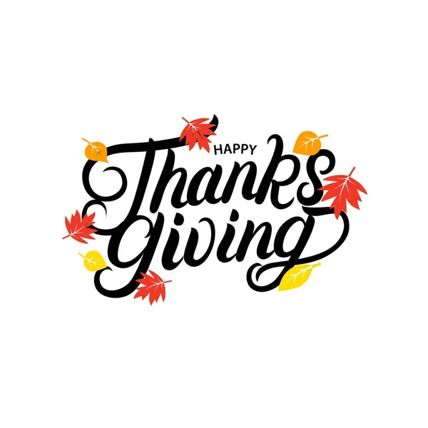 Happy Thanksgiving hand written lettering with brigth fall leaves. — Stock Vector