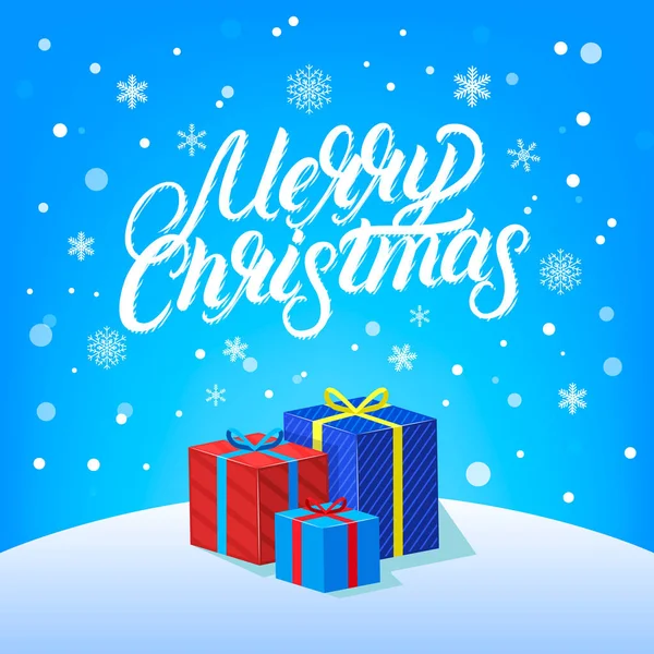 Feliz Navidad escrito a mano diseño de letras con la caída de snoy, copos de nieve y regalos . — Vector de stock