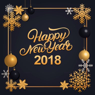 Mutlu yeni yıl 2018 el yazı altın Dekorasyon Süsleme ile yazılı.
