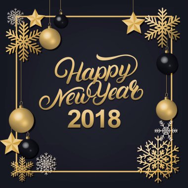 Mutlu yeni yıl 2018 el yazı altın Dekorasyon Süsleme ile yazılı.