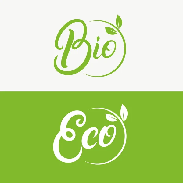 Logo éco et bio écrit à la main, emblème avec des feuilles . — Image vectorielle