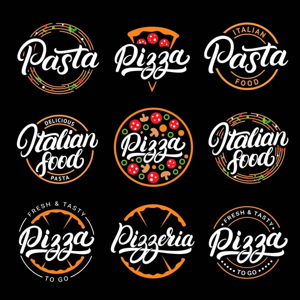 Pizza, makarna, pizza ve İtalyan gıda el yazılı yazı logolar, etiketleri, rozetleri kümesi.