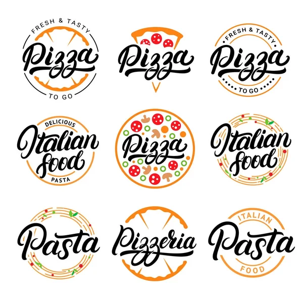 Pizza, makarna, pizza ve İtalyan gıda el yazılı yazı logolar, etiketleri, rozetleri kümesi.