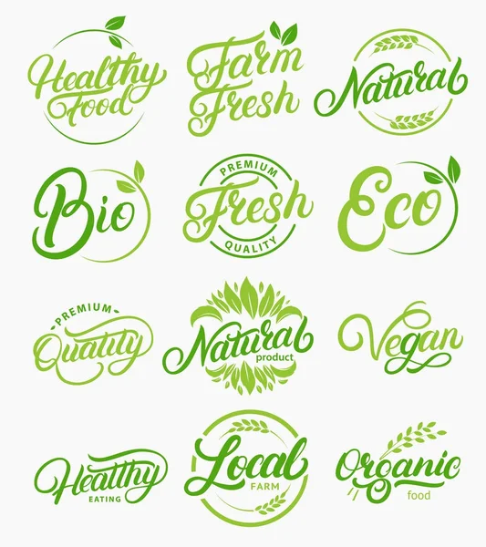 Set of organic, local, fresh, natural, vegan, healthy handwritten lettering logos, labels, emblems.