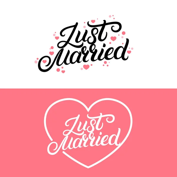 Набор "Just married hand leing quote" с сердечками для свадебных открыток и приглашений . — стоковый вектор