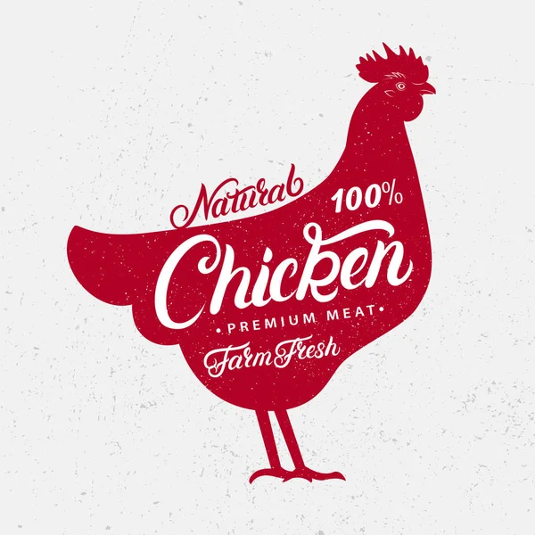 Silhouette de poulet et lettrage écrit à la main poulet, ferme, frais, naturel — Image vectorielle