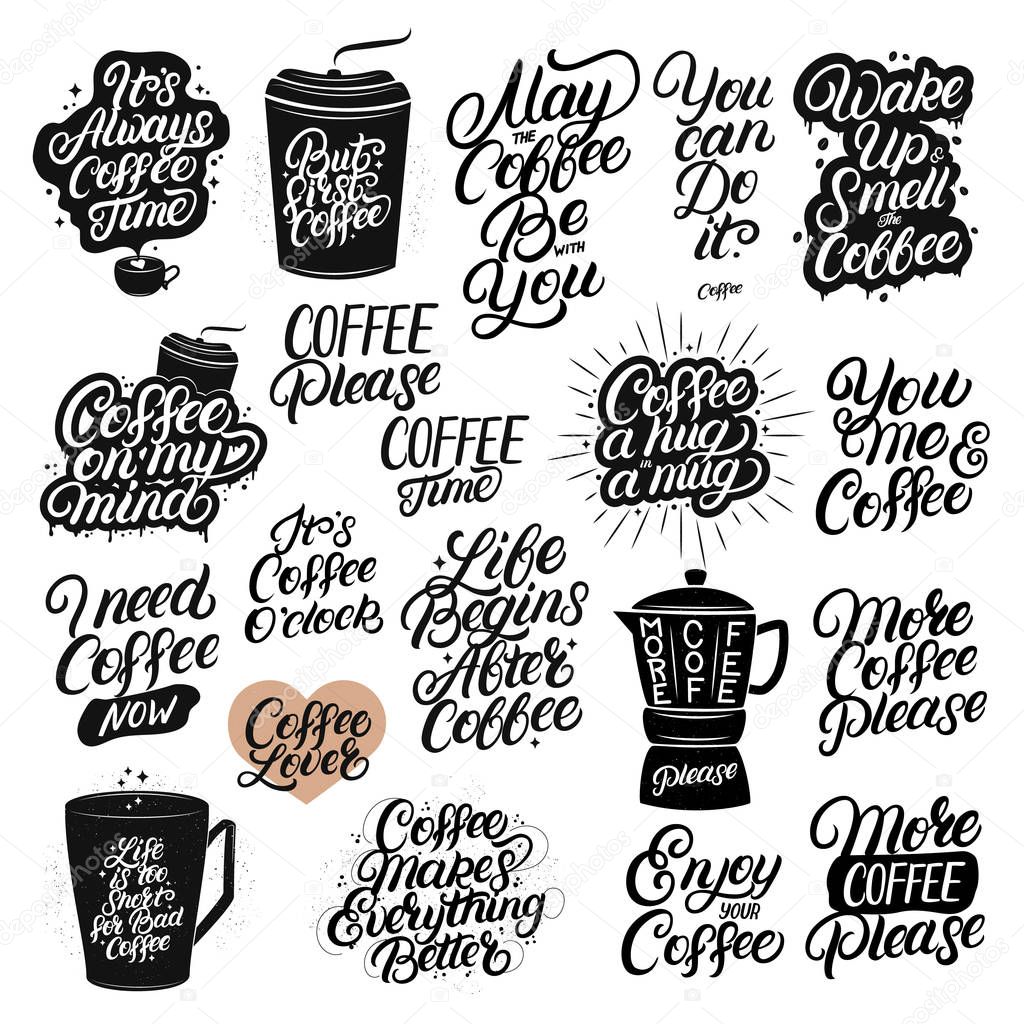 Set of hand drawn lettering coffee quotes.