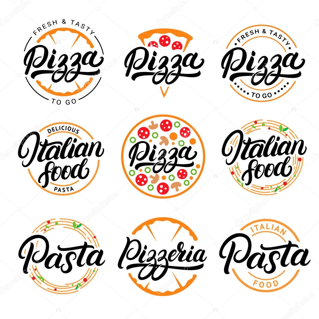 Set of pizza, pasta, pizzeria and italian food hand written lettering logos, labels, badges.