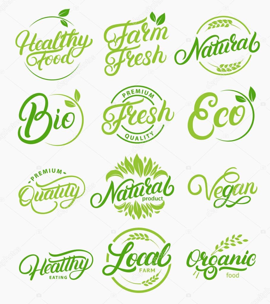 Set of organic, local, fresh, natural, vegan, healthy handwritten lettering logos, labels, emblems.