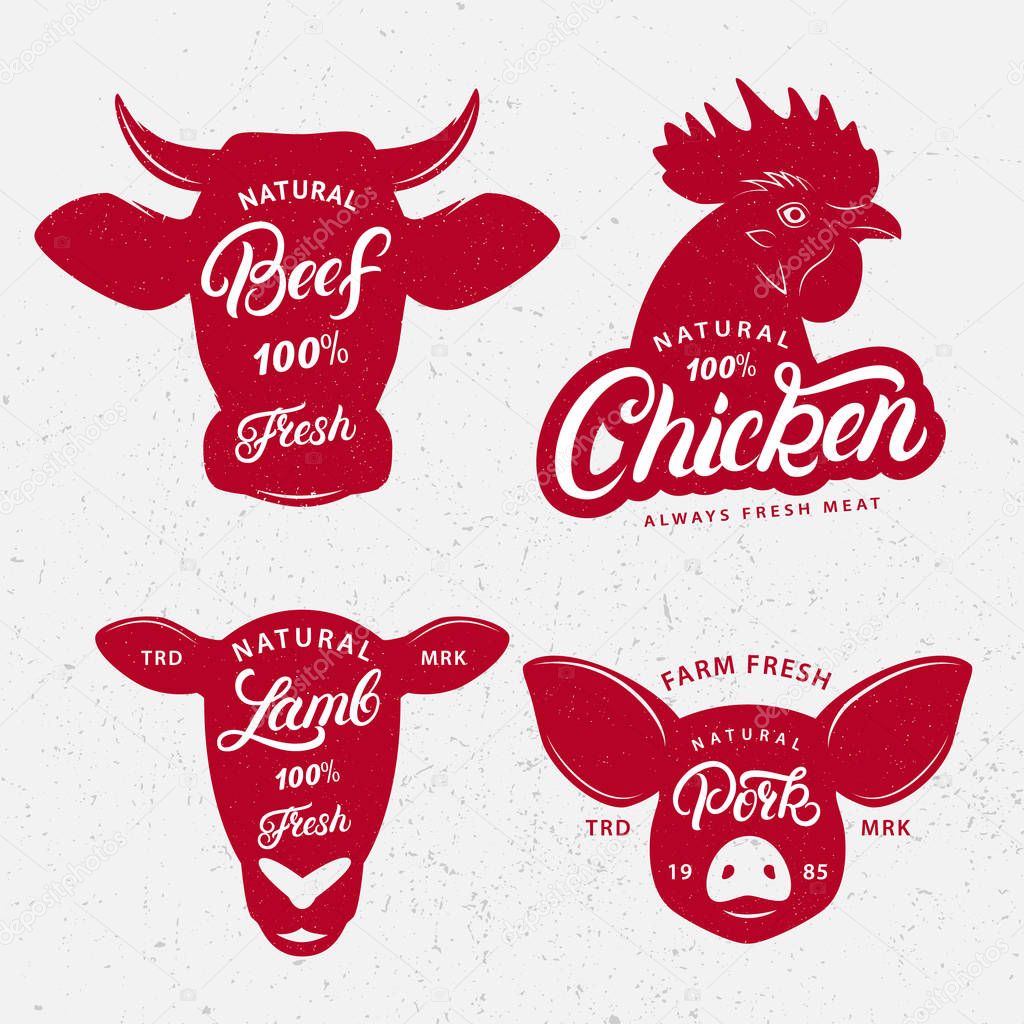 Set of butchery logo, label, emblem, poster. Farm animals heads silhouettes with lettering words beef, lamb, chicken and pork for meat stores, butchery shop, farmers market. Vintage style. Vector.