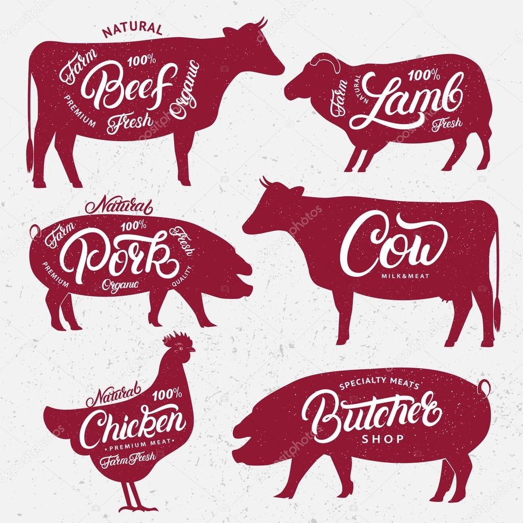 Set of butchery logos, labels, emblems, posters templates. Farm animals with sample text.