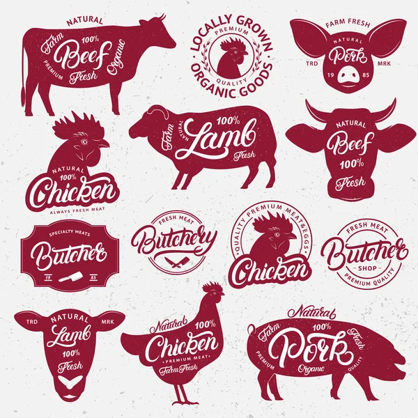 13 butchery logo, label, emblem, poster. Farm animals with lettering words — Stock Vector