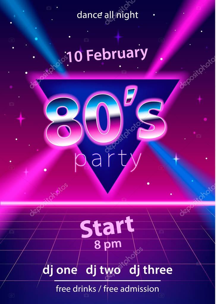 80s party design template with text on triangle and laser beams. Use for flyer, banner, poster, invitation. Retro vintage style. Vector illustration.