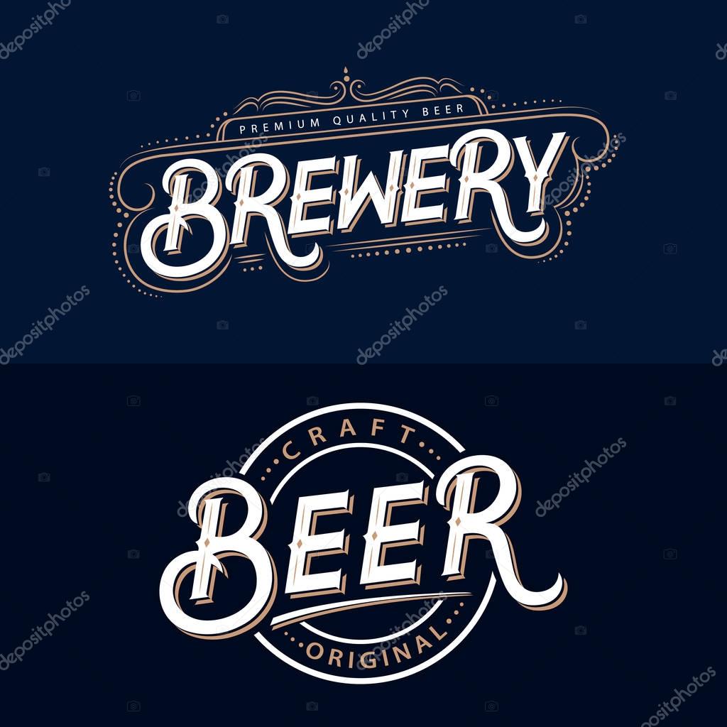 Set of Beer and Brewery hand written lettering logos, labels, badges for beer house, brewing company, pub, bar. Vintage retro typography. Vector illustration.