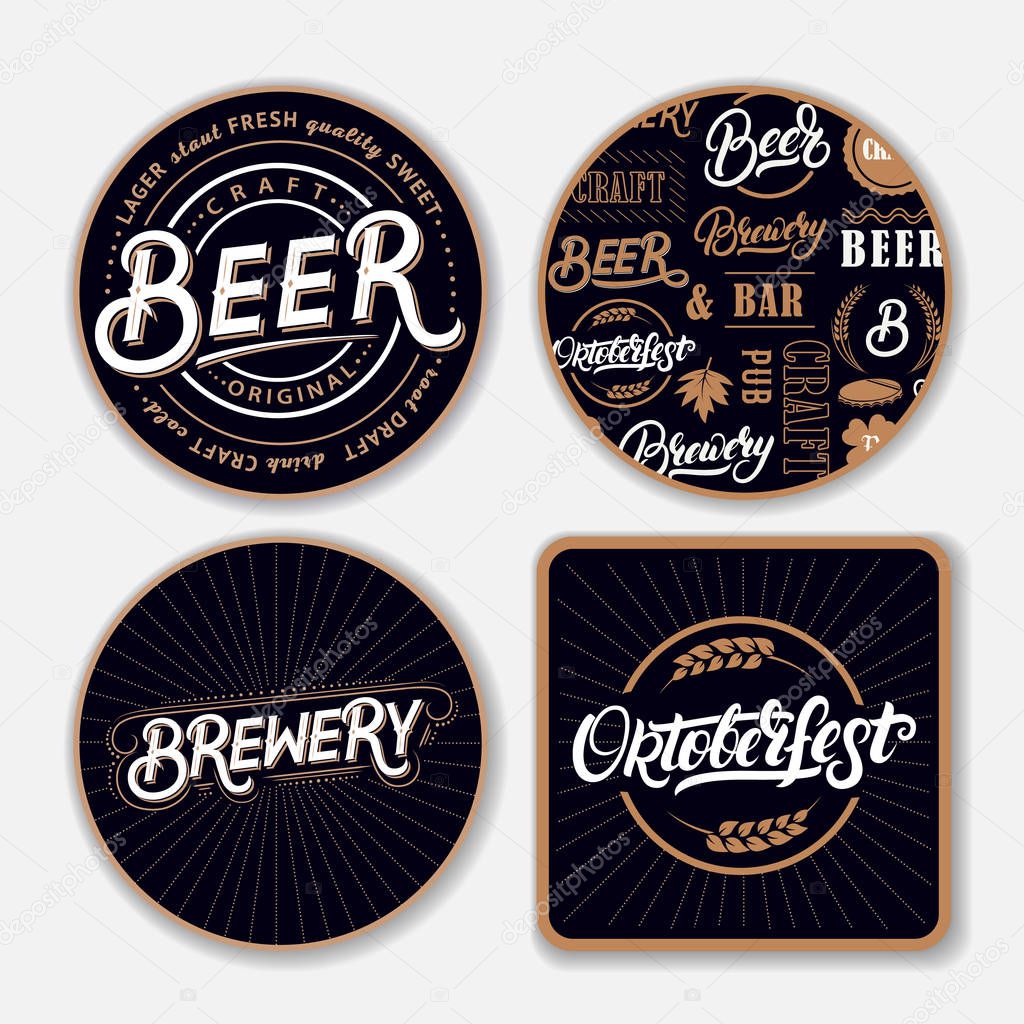 Set of coasters for beer with hand written lettering words.