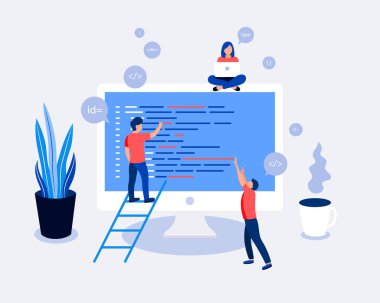 Programmers coding and correct errors in project. Laptop screen with program code. Trendy flat style. Vector illustration. clipart svg vector 