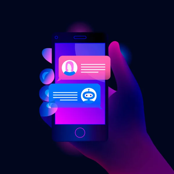 ランドールチャットボット概念。手を保持するスマート フォン. — ストックベクタ