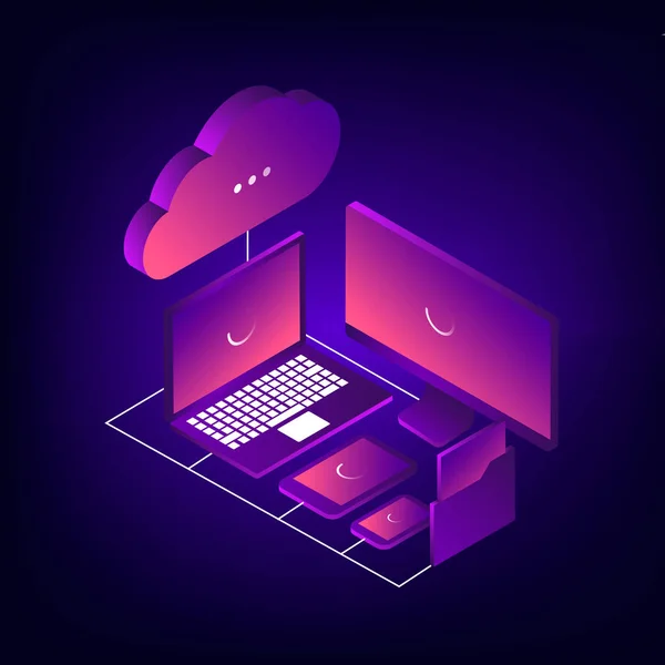 Cloud storage 3d isometric technology concept. — Stock Vector